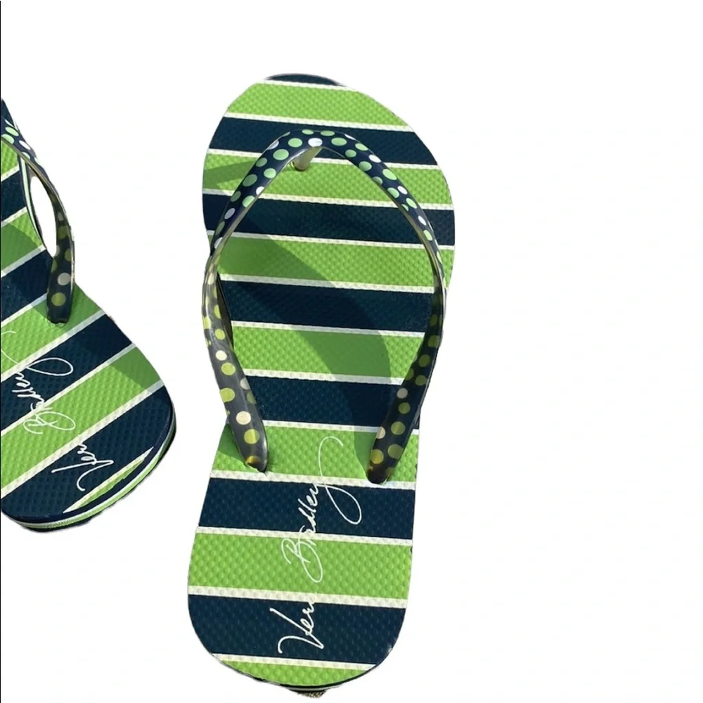 Vera Bradley Navy and Green Striped Flip Flops
